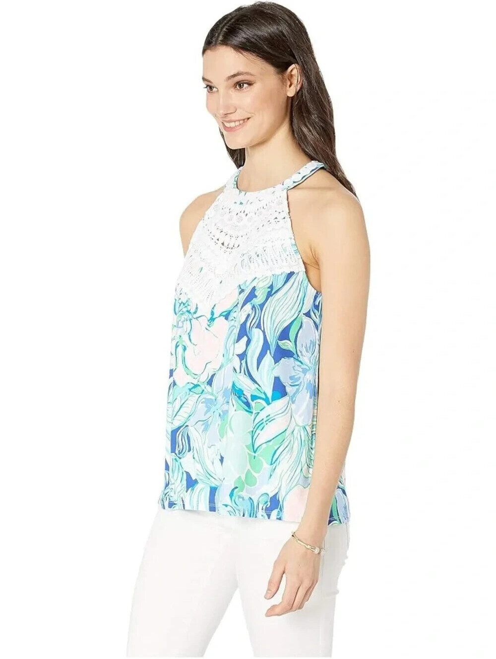 Lilly Pulitzer Dawn Crochet Lace Halter Top Shirt Blouse Floral Palm Small